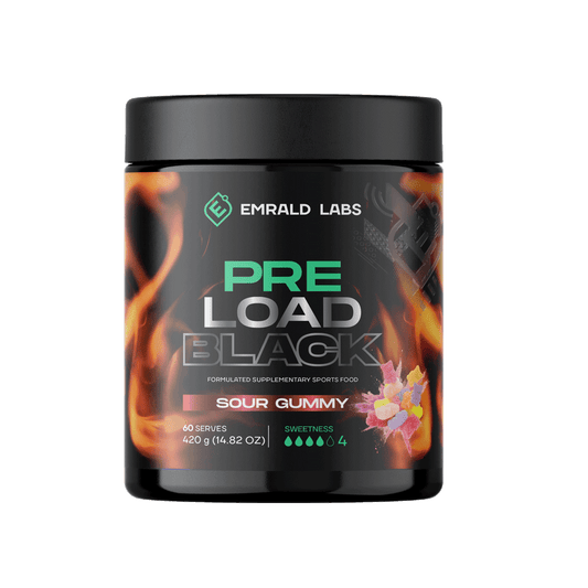Pre Load Black & Pre Load Black Emrald Labs Low stim pre workout 60 Serves Sour Gummy