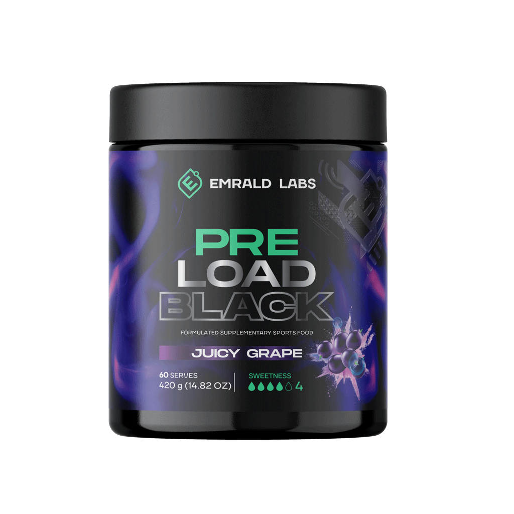 Pre Load Black (3) & Pre Load Black Emrald Labs Low stim pre workout 60 Serves Juicy Grape
