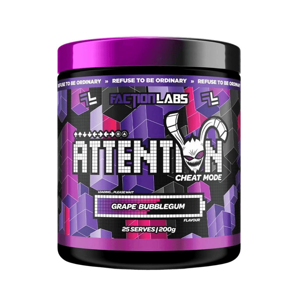 Attention Cheat Mode Faction Labs Medium stimulant pre workout powder 25 Serves Grape Bubblegum