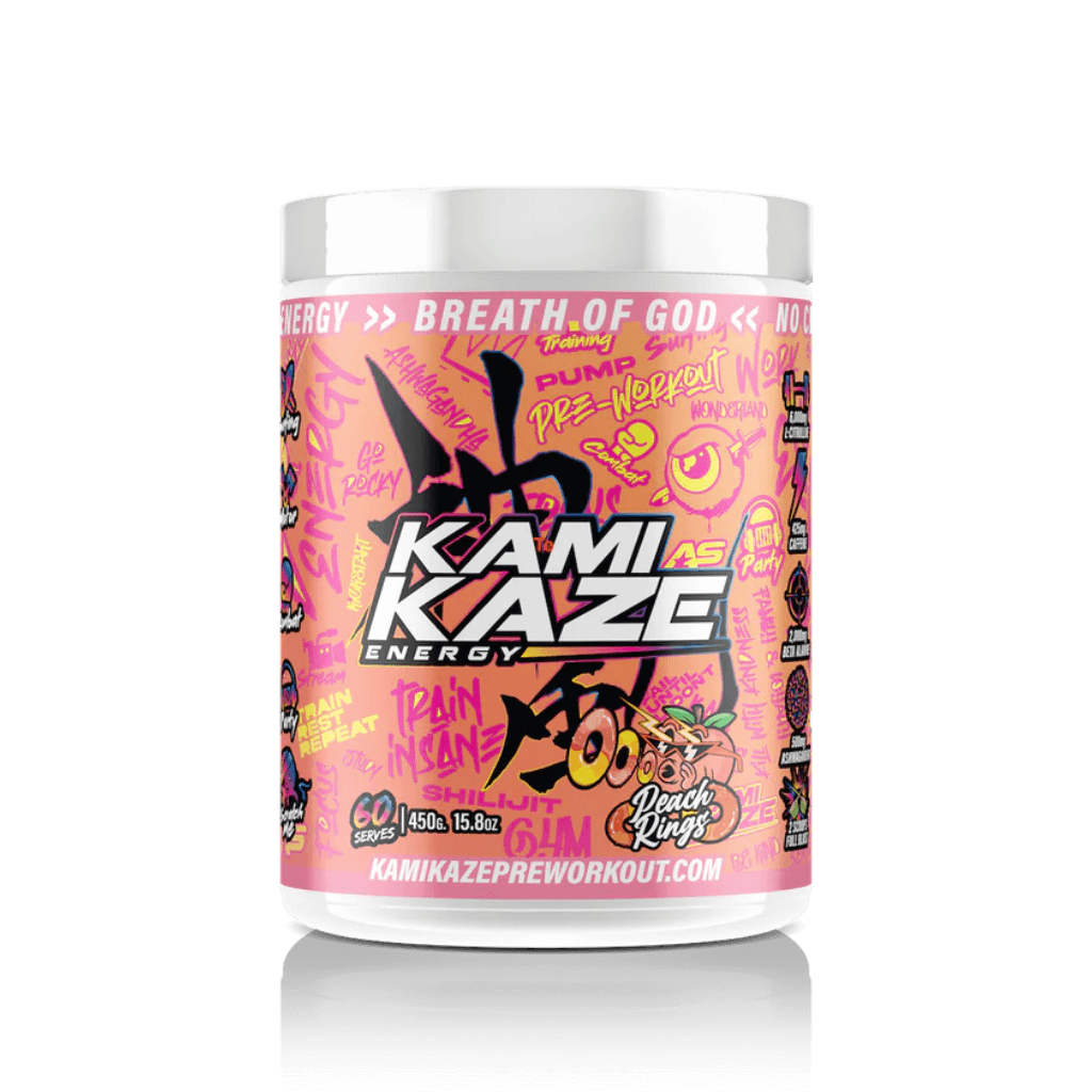 Kamikaze Athletic Sport Super high stimulant pre workout powder 60 Serves Peach Rings