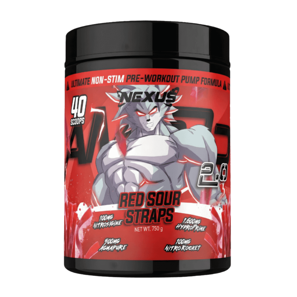Amp3d 2.0 Nexus Caffeine free pre workout 40/20 Serves Red Sour Straps