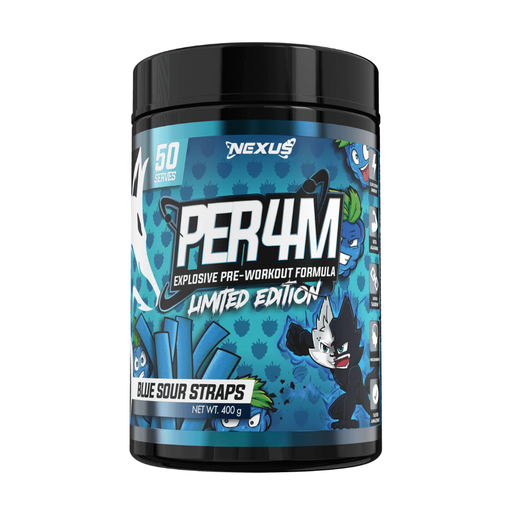 Per4m Nexus High stim pre workout & Per4m Nexus High stim pre workout 50 Serves Blue Sour Straps