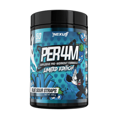 Per4m Nexus High stim pre workout & Per4m Nexus High stim pre workout 50 Serves Blue Sour Straps