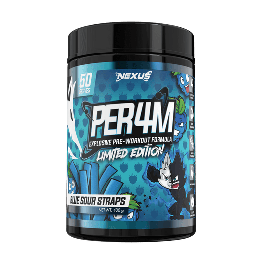 Per4m Nexus High stim pre workout & Per4m Nexus High stim pre workout 50 Serves Blue Sour Straps