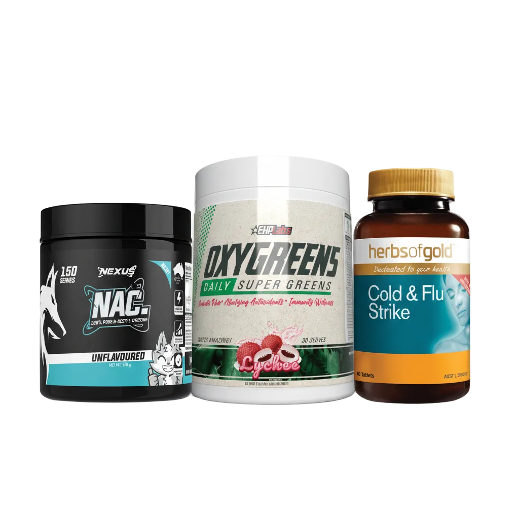 Bundle Hero - Nexus NAC EHP OxyGreens Herbs of Gold Cold Flu Strike