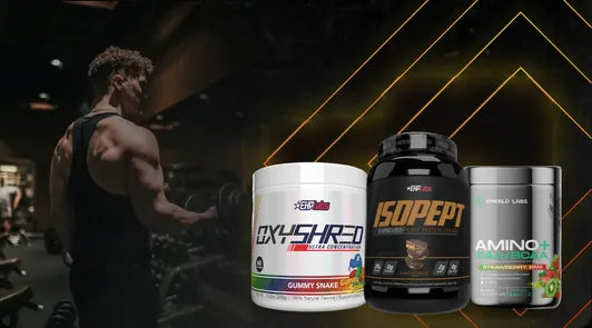 Athlete training beside the Ultimate OxyGold Stack: OxyShred, Isopept and Amino+